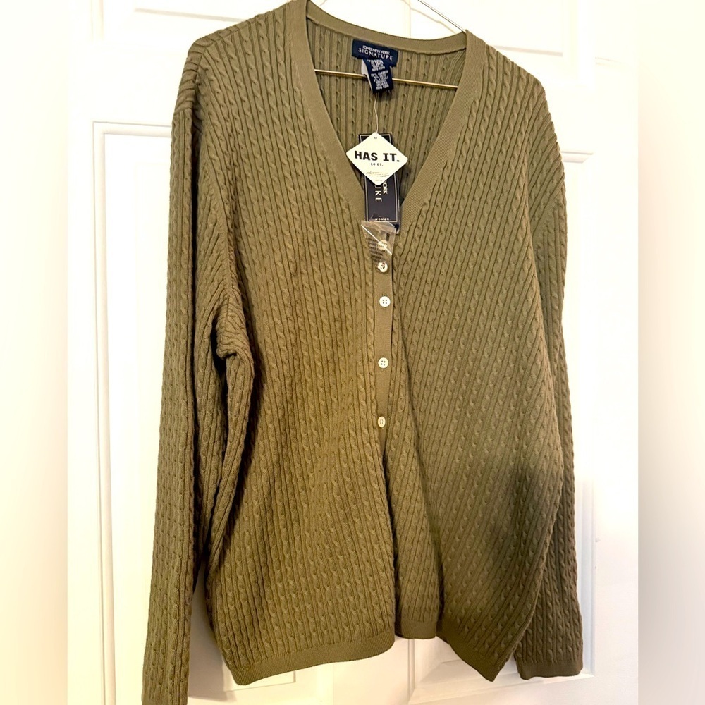 Jones NY Signature 3X Moss Green Cable Knit Cardigan Sweater NWT V Neck Stretch